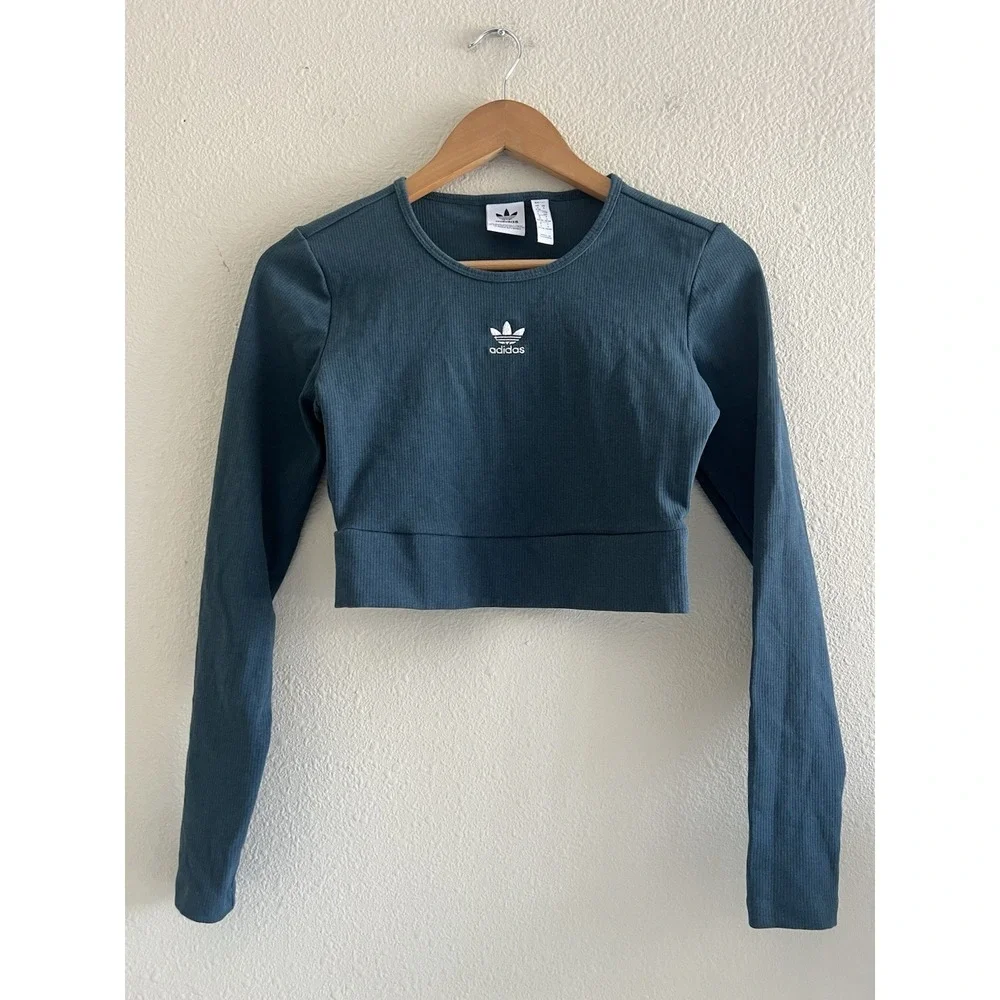 Adidas Ribbed Long Sleeve T-Shirt Teal Green Cropped Athleisure Sporty Casual - Picture 1 of 11